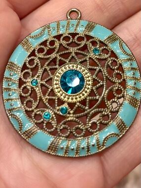 Turquoise Filigree Medallion Pendant with Blue Crystal